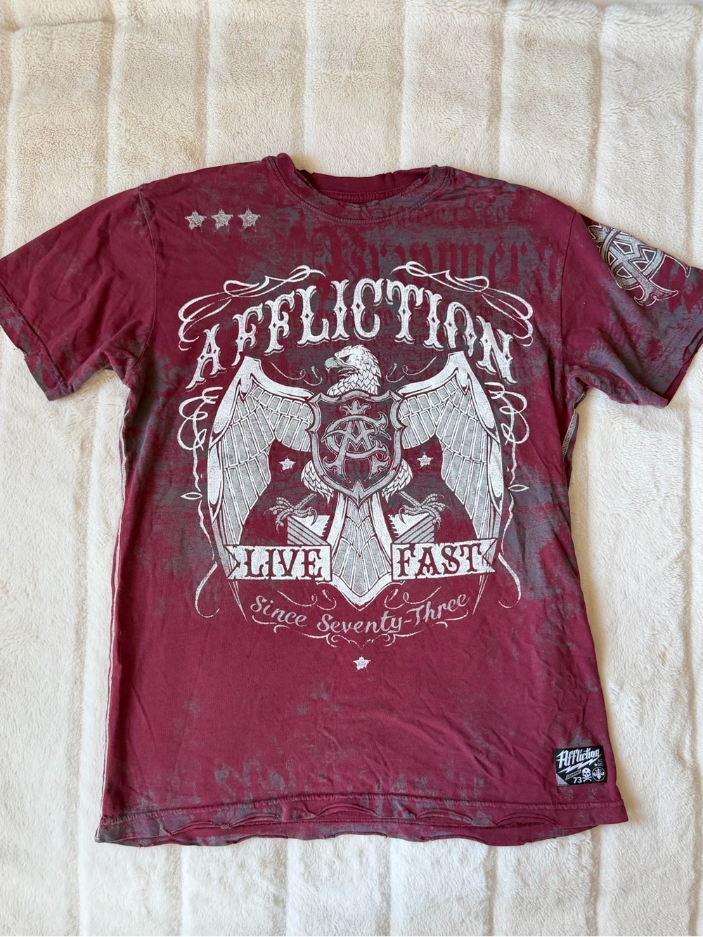 Y2K Distressed Affliction T-Shirt Red Eagle Graphic Size Small